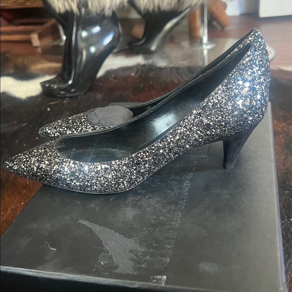 Saint Laurent Charlotte 55MM Super Black Glitter Pointy Toe Pumps. Size 35/5 US - Picture 2 of 4